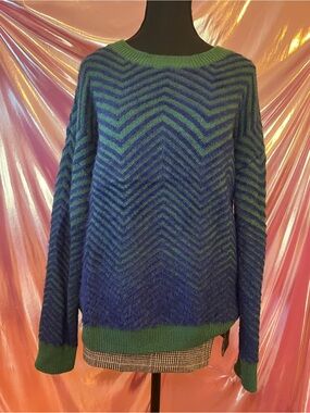 Blue & green striped fuzzy sweater